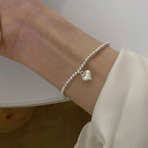 925 Sterling Silver Heart Bead Bracelet Dainty Minimalist Slip On Bracelet